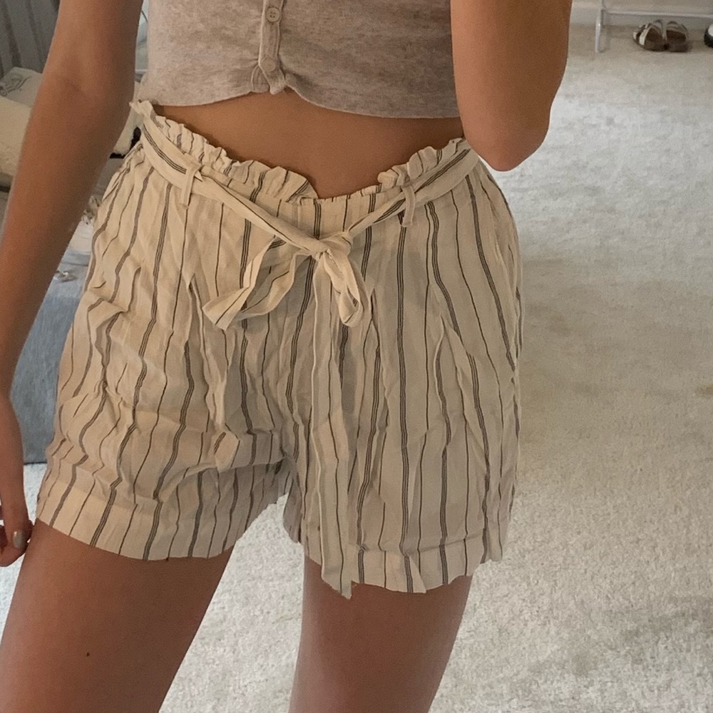 white striped shorts with tie in front